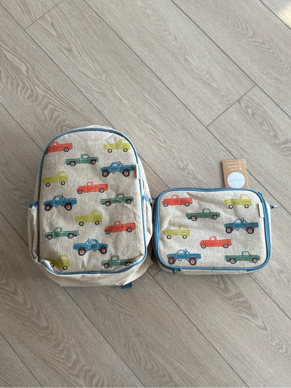 Kids Beige Backpack and Lunch Bag Set with Colorful Trucks